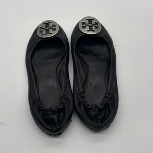 Tory Burch Minnie Travel Ballet Flats Black Leather Silver Logo Medallion thumbnail 4