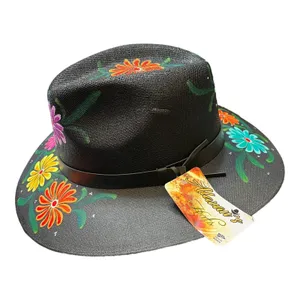HAT MEXICAN Artisanal Hand Painted Fedora Floral Sombrero Panama Bohemian Black thumbnail 10
