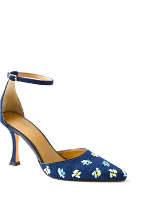 Ann Taylor Navy Blue Floral Embroidered Design Flowers Pointed Kitten Heels Sandals thumbnail 2