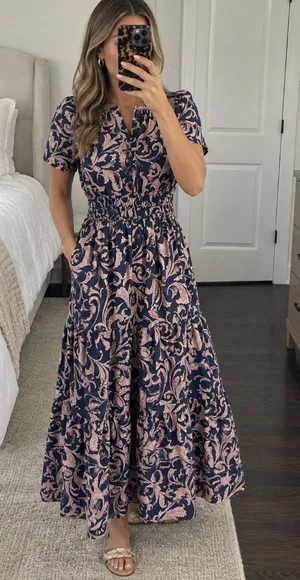 ANTHROPOLOGIE Somerset Paisley Maxi Dress in Navy Blue / Marin Size XL Petite thumbnail 1