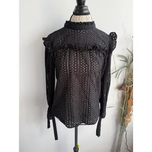 Madewell‎ Black Eyelet Ruffle High Neck Tie Back Long Sleeve Blouse Top 2766 thumbnail 3