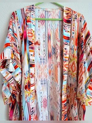 La Blanca Open Front Swim Cover Up Kimono One Size Tassel Colorful Beach Resort thumbnail 3