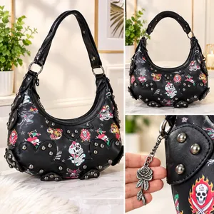 🔥 NWT Ed Hardy Y2K Tattoo Print Studded Hobo Bag Black 🖤 thumbnail 2
