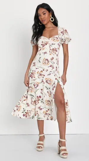 NWT Lulus Parisian Picnic Cream Floral Jacquard Puff Sleeve Midi Dress Resort S thumbnail 1