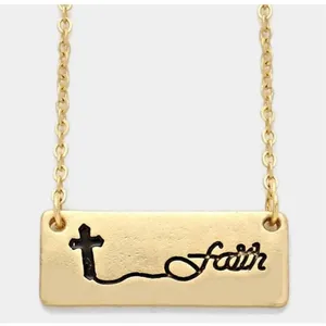 New Womens Boutique Faith Cross Accented Gold Brushed Metal Bar Pendant Necklace thumbnail 1