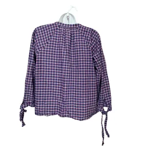 Madewell Womens Blue Red Plaid Cotton Linen Tie Cuff Blouse‎ G1412 Size M thumbnail 3