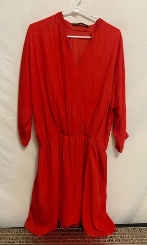 Zara Basic Red 3/4 Sleeve Faux Wrap Lined Mini‎ Dress Size Medium thumbnail 1