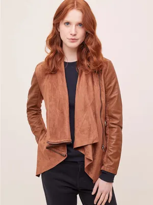 Blank NYC Suede & Leather Mixed Media Drape Front Jacket in Cognac Brown Size Sm thumbnail 2
