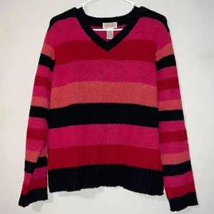 St John’s Bay large womens sweater pullover striped v-neck wool blend stretchy thumbnail 7