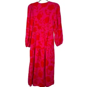Kate Spade‎ x Target Vibrant Bright Red Pink Linen Blend Long Sleeve Midi Dress thumbnail 3