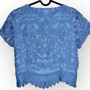 Lovers & Friends Daycation Lace Embroidered Boho Crop Top in light baby Blue XS thumbnail 4