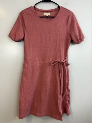 Madewell Crosshatch Short Puff-Sleeve Faux-Wrap Mini Dress Pink Mauve Size Small thumbnail 1