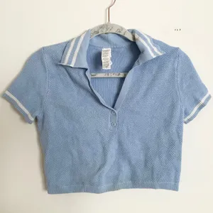 Alo Yoga Tennis Club Sweater Knit Cropped Polo Seashell Blue/White XS thumbnail 2
