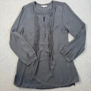DR2 Women's Medium Charcoal Gray Pintuck Button Front Tunic Blouse Top thumbnail 1