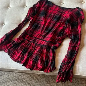 Thread & Supply Red Black Plaid Peplum LS Blouse Size Small thumbnail 7