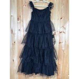NWT Lulus Tulle For Love Black Mesh Tulle Tiered Ruffled Maxi Dress Wedding XXL thumbnail 4