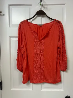 Carolyn Taylor Coral-Red Crochet Trim Tunic Top thumbnail 3