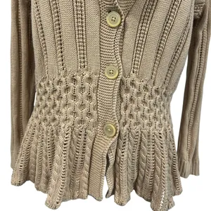 Chaps Petite Cable Knit Peplum Cardigan Boho 100% Cotton Shawl Collar Tan P/L thumbnail 3
