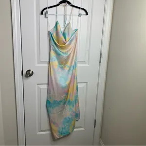 Zara pastel tie dye satin rainbow‎ ruched ruched midi dress blogger size XS thumbnail 9