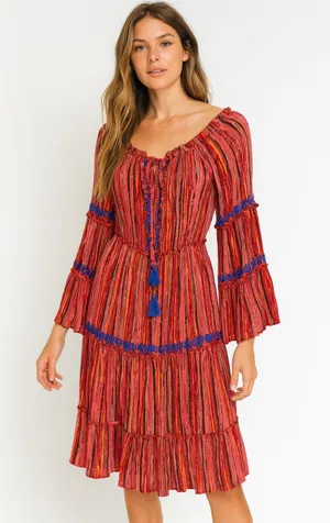 Raga Red Burnt Orange Metallic Thread Boho Tiered Dress Festival Size XS‎ thumbnail 1