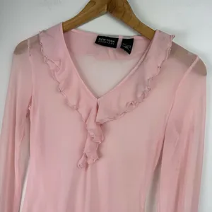 Vtg Y2K Pink Sheer Ruffle Neck Top Sz XS thumbnail 4
