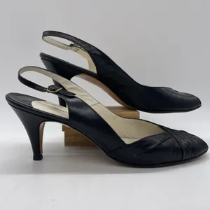 Vtg Stanley Phillipson Womens 9.5 SS‎ Heels Black Leather Slingback Open Toe USA thumbnail 2