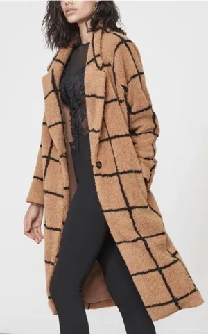 Lavish Lice Camel Oversized Check Boyfriend Windowpane Teddy Coat US 8 UK 12 thumbnail 1