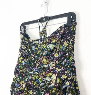 ZARA Floral Mini Dress Large Ruched Bodycon Halter Sweetheart Paisley Print thumbnail 7