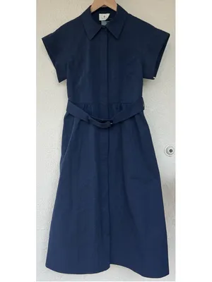 New Tuckernuck Navy Blue Chloe Midi Dress Small Belted Collared Moir Classic thumbnail 7