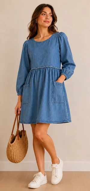 Free‎ People Denim Babydoll Mini Dress Blue Long Sleeve Pockets XS thumbnail 1
