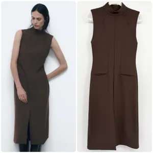 Zara Womens Brown Mock Neck Minimalist Career Sleeveless Front Slit Midi Dress S thumbnail 2