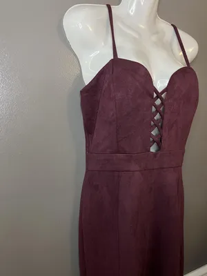 Windsor Dress Womens Large Red Suede Bodycon Midi Spaghetti Strap Sweetheart thumbnail 4