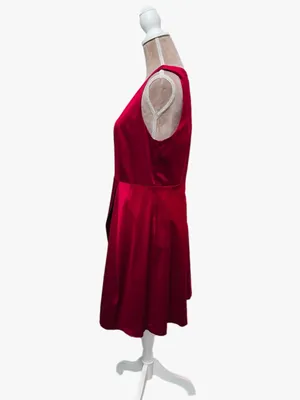 PARIS SUNDAY Red Sateen V Neck Dress Sleeveless Fit Flare Women’s Sz L Cocktail thumbnail 6