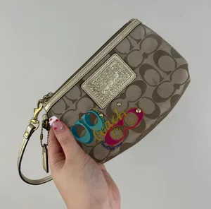 Coach Brown Logo Vibrant Graphic Studded Mini Wristlet Wallet Purse thumbnail 1