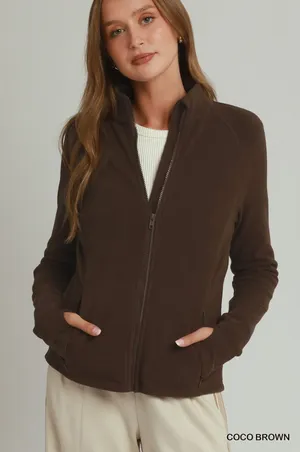 Umgee Soft Fleece Full Zip Jacket‎ With Pockets - Coco Brown - Large thumbnail 1
