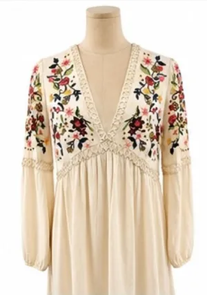 En Crème Embroidered Boho Babydoll Tunic Dress Ivory Rayon Embroidery Medium thumbnail 1