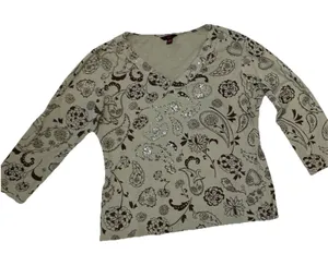 ALC Frank Women's Size L Sage Green Paisley Floral V-Neck Top Sequin Accents thumbnail 1