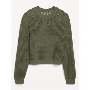 Old Navy Women’s Long-Sleeve Cropped Crochet Sweater Rib Knit Weeping Willow M thumbnail 2