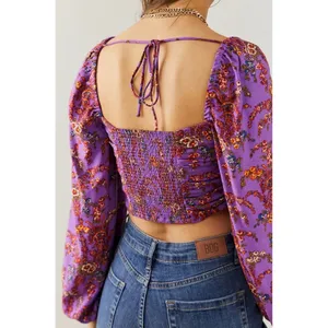 Urban Outfitters Purple Floral Ruched Long‎ Sleeve Crop Top Smocked Back XS thumbnail 2