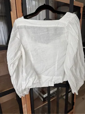J. Crew linen top Squareneck button-up blouse puff long sleeve neutral thumbnail 4