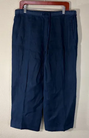 Orvis Wide Leg 100% Linen Solid Navy Drawstring Cropped Pant Large Beach Resort thumbnail 1