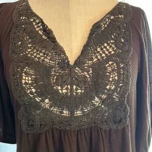 Dark brown crocheted lace bib front elbow puff sleeve top thumbnail 4