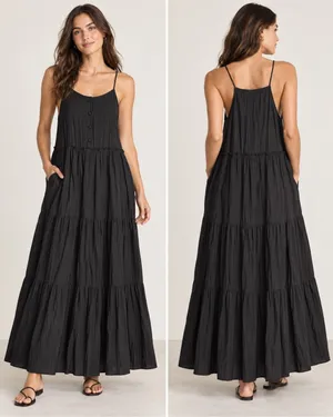 Calista Black Crinkle Tiered Maxi Dress Size Med Sleeveless Spaghetti Strap Boho thumbnail 2