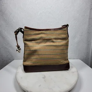 Brighton Tweed Purse Braided Leather Trim Heart Charm Brown Tan Check thumbnail 8