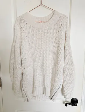 7 For All Mankind‎ Sweater Womens Medium Cream White Side Zip Shaker Knit Cotton thumbnail 1