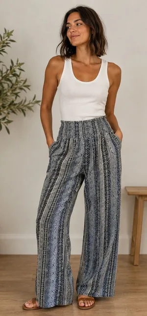 Three dots blue pattern boho wide leg pants XXL Beachy flowy travel stretchy thumbnail 1