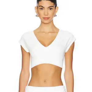 Show Me Your Mumu Miami V-Neck Stretch Crepe Crop Top in Bone‎ Size Medium thumbnail 5