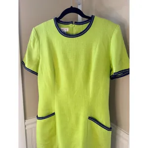 Vintage Talbots Chartreuse Lime Mod Drop Waist Dress Navy Trim Size 10 USA thumbnail 4