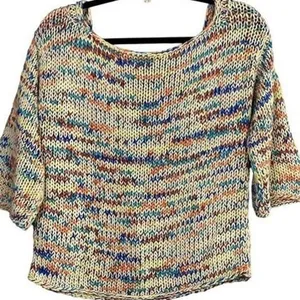 Zara Chunky Knit Relaxed Sweater 3/4 Sleeve Scoop Back S Multicolorfull Cream thumbnail 12