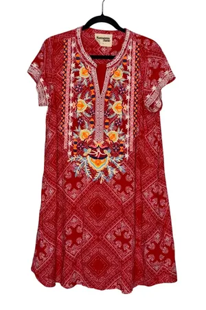 Savanna Jane Embroidered Bandana Print Dress Womens L Red Excellent Boho Tunic thumbnail 1